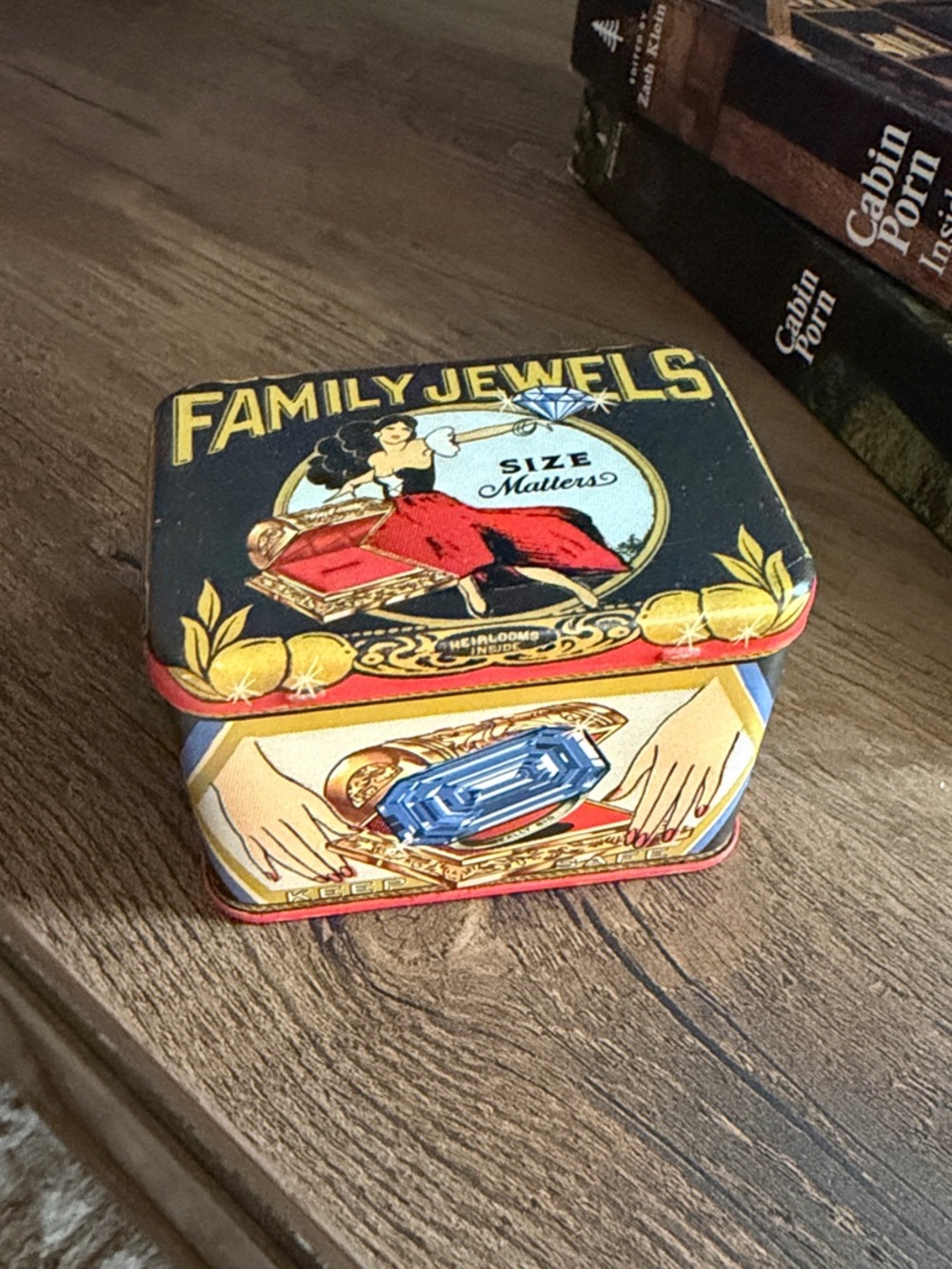 Family Jewels Decorative Tin Box in Black and Red
